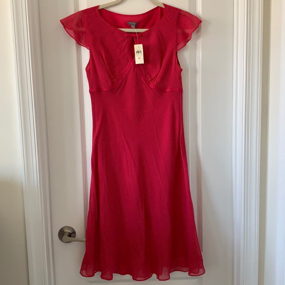 NWT ANN TAYLOR Hot Pink 100% Silk Polka Dot Midi Dress Size 6P